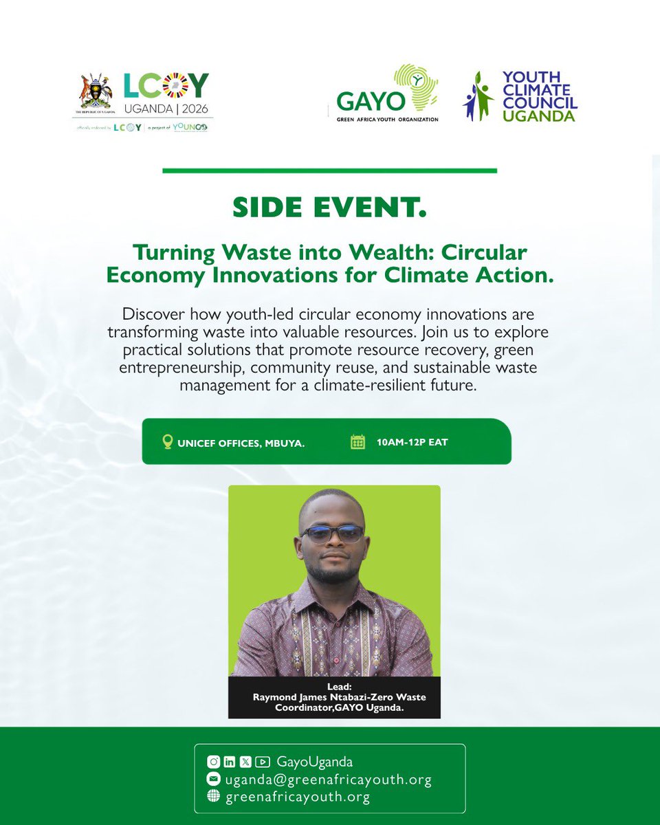 GayoUganda's tweet photo. What if #waste wasn't the end of a product's life, but the beginning of a new opportunity?

Join us today  at #LCOYUg2026 as we explore how circular economy innovations are transforming waste into wealth. 

We'll showcase practical solutions that empower communities, create green jobs, and contribute to a more sustainable and climate-resilient future.

📍 UNICEF Offices, Mbuya
🕚 11:00 AM – 1:00 PM EAT

Let's rethink waste. Let's rethink our future.

#LCOYUg2026 #CircularEconomy #ZeroWaste #ClimateAction