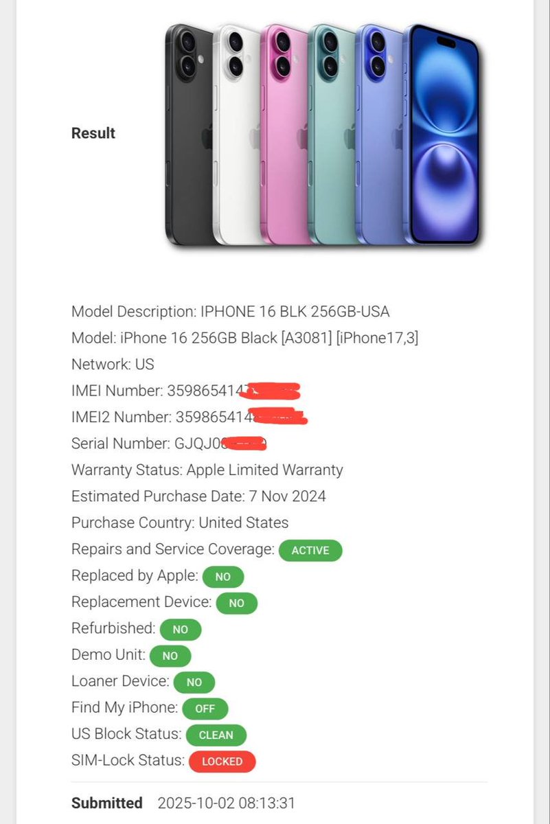 ios_techsupport's tweet photo. Submission submission submission ‼️‼️‼️
iPhone 16 📱unlocked Successfully 💻
Done today 

Status now 
Carrier Unlocked 
 3 days for completion 🏪.

- your trusted and expert in device unlocking.✅

#iphone16 #appletips #activation #fmioff #lockedtoowner https://t.co/nNQWh79eoL