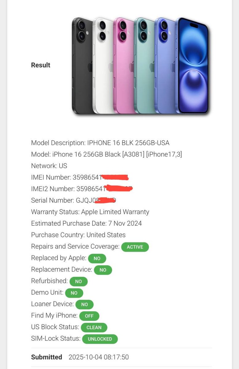 ios_techsupport's tweet photo. Submission submission submission ‼️‼️‼️
iPhone 16 📱unlocked Successfully 💻
Done today 

Status now 
Carrier Unlocked 
 3 days for completion 🏪.

- your trusted and expert in device unlocking.✅

#iphone16 #appletips #activation #fmioff #lockedtoowner https://t.co/nNQWh79eoL