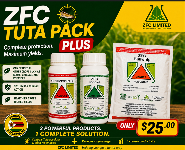 ZFCLimited's tweet photo. Don't let Tuta absoluta steal your harvest! Protect your crops with ZFC Tuta Pack Plus – 3 powerful products, 1 complete solution for effective pest control and higher yields.
✅ Controls major pests
✅ Systemic &amp; contact action
✅ Ideal for tomatoes, maize, cabbage &amp; potatoes https://t.co/jm1LNT0moz