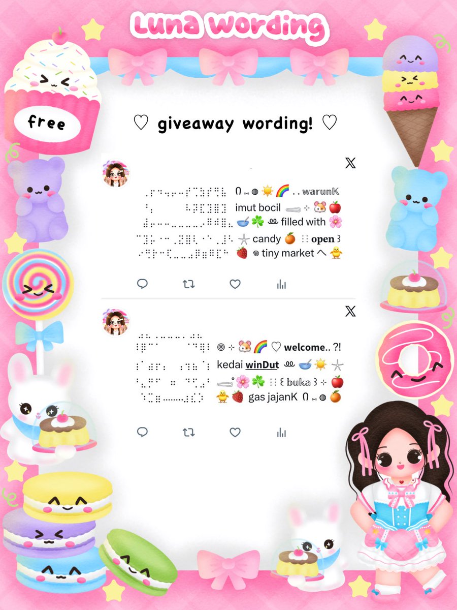 sereenitte's tweet photo. ⟡ help rt? thank you ˚ 👛🌱 

𓈄᳸ 🐰🎀 ⟡ ꒰ 𝗻𝗼𝗺 𝗻𝗼𝗺 ! .. 🥣 ♡⃝ ⊹ hello cutie! luna brings 🍭☀️ 6 free pinned wording from kak @exclwde ☘️ 𖦹⊹ 𓈃 🌸 scroll down to see how to join ꔛ ⭐️💭 ˚ and good luck! 👛🎉 യ

♡ ⊹ ꒰ #bealanja ꒱ https://t.co/KI7Nko0QqA