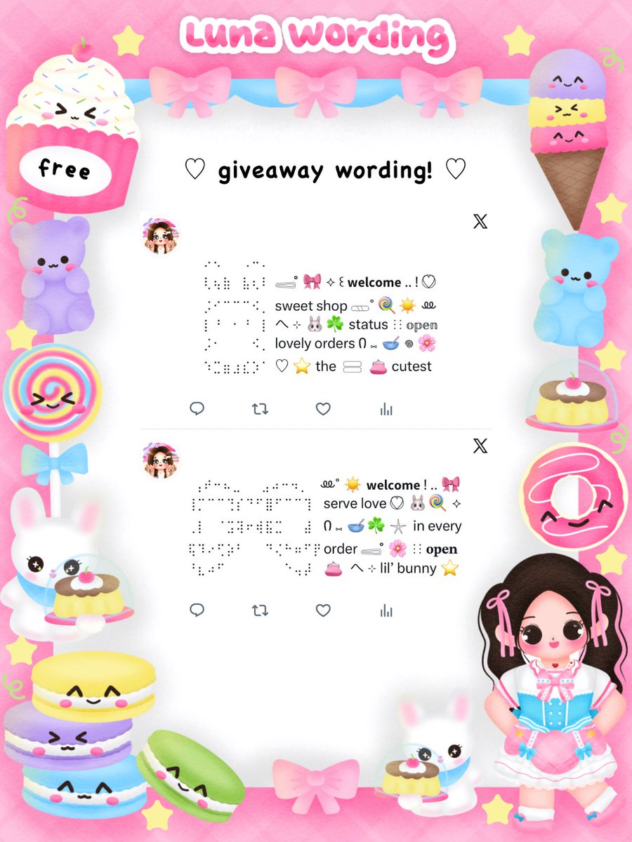 sereenitte's tweet photo. ⟡ help rt? thank you ˚ 👛🌱 

𓈄᳸ 🐰🎀 ⟡ ꒰ 𝗻𝗼𝗺 𝗻𝗼𝗺 ! .. 🥣 ♡⃝ ⊹ hello cutie! luna brings 🍭☀️ 6 free pinned wording from kak @exclwde ☘️ 𖦹⊹ 𓈃 🌸 scroll down to see how to join ꔛ ⭐️💭 ˚ and good luck! 👛🎉 യ

♡ ⊹ ꒰ #bealanja ꒱ https://t.co/KI7Nko0QqA