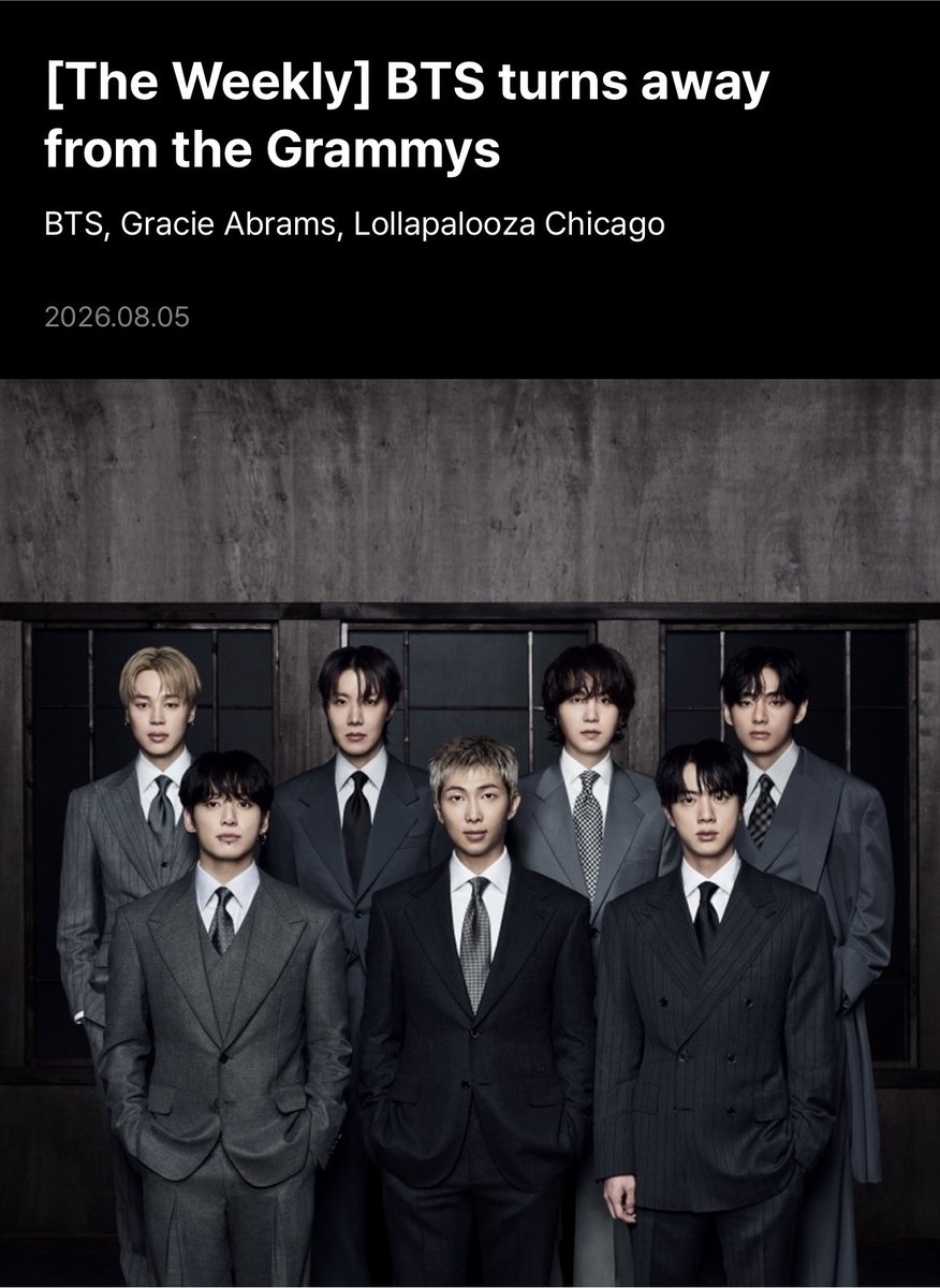 btschartsxdaily's tweet photo. [Weverse Magazine] BTS turns away from the Grammys! 🚨

“The code of ethics #BTS chose to follow here isn’t one that can be demanded of other artists. The members aren’t closing a door—they’re saying that a particular door shouldn’t be the only, or the assumed, way in for Asian artists. BTS had been smashing their way through the ceiling for years before K-pop had its record-breaking night at the 2026 Grammys. They decided to make a statement even at the cost of a shot to win a Grammy for “ARIRANG.” They seem to say, if they don’t speak up, it will remain a barrier that goes unchecked. And maybe that barrier is one everyone will challenge together”