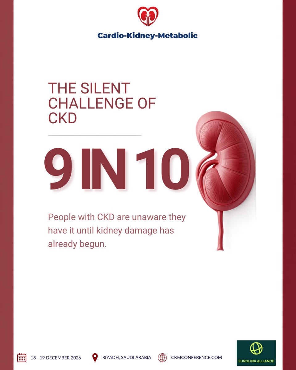 ckmconference's tweet photo. 1st CKM Conference | The Earlier We Recognise It, the More We Can Change It

Chronic Kidney Disease often develops silently, with many patients remaining unaware until significant kidney function has already been lost. Across the Gulf, where diabetes and hypertension continue to rise, recognising CKD at an earlier stage has become one of the greatest opportunities to improve long-term patient outcomes. Early detection is no longer just a nephrology priority—it is a shared responsibility across every speciality involved in cardio–kidney–metabolic care.

On Day 1 of the 1st Cardio–Kidney–Metabolic Conference, Prof. @accovic will explore the importance of early CKD detection, highlighting practical approaches to recognising kidney disease before irreversible damage occurs. Through the latest evidence and real-world clinical perspectives, this session will reinforce how earlier diagnosis can help transform the way we care for patients living with interconnected cardiovascular, kidney and metabolic disease.

📅 18–19 December 2026 | Riyadh, Saudi Arabia

#CKMConference #CardioKidneyMetabolic #ChronicKidneyDisease #CKD #Nephrology #Cardiology #Endocrinology #EarlyDetection #MedicalEducation #HealthcareSaudi #EurolinkAllianceEvents