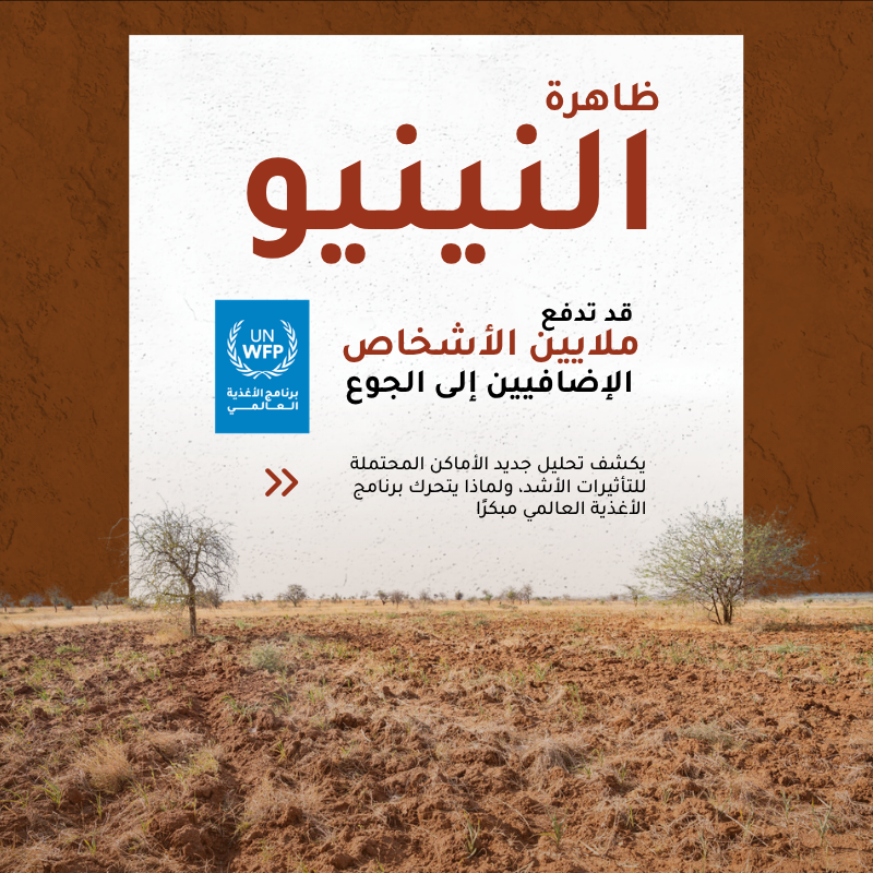 WFP_Arabic's tweet photo. يُكثّف برنامج الأغذية العالمي جهوده في مجال التأهب والاستجابة لمواجهة تفاقم الجوع المحتمل بسبب تهديد ظاهرة النينيو.

ويُظهر تقرير جديد المناطق الأكثر تأثرا

في ظلّ نقص التمويل الإنساني، يُمكن للتحرك المبكر أن يُساهم في حماية الأرواح وسبل العيش، ويُقلّل من تكلفة الاستجابة اللاحقة