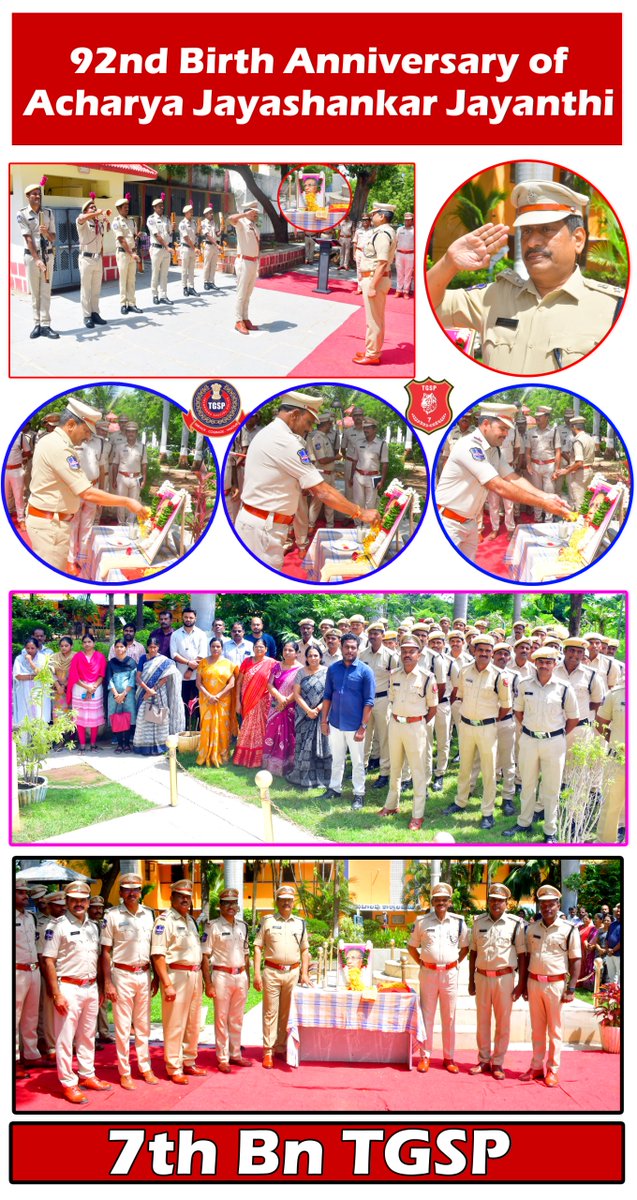 7thBnTGSP's tweet photo. On the occasion of the birth anniversary of Acharya Kothapally Jayashankar today (06.08.2026), a celebrations was successfully conducted @7thBnTGSP  All officers and personnel paid rich tributes to him and recalled his monumental contributions to the Telangana movement.#tgspbns https://t.co/5BHbw5PgYP