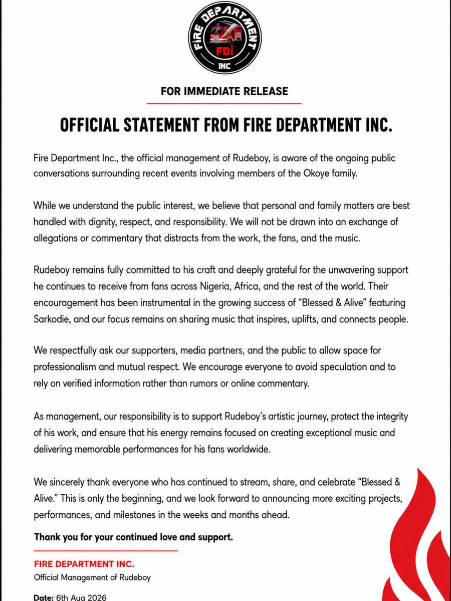 OneJoblessBoy's tweet photo. 🚨 OFFICIAL STATEMENT: Rudeboy’s Fire Department Inc. responds amid the ongoing P-Square dispute:

“While we understand the public interest, we believe that personal and family matters are best handled with dignity, respect, and responsibility. We will not be drawn into an exchange of allegations or commentary that distracts from the work, the fans, and the music…”