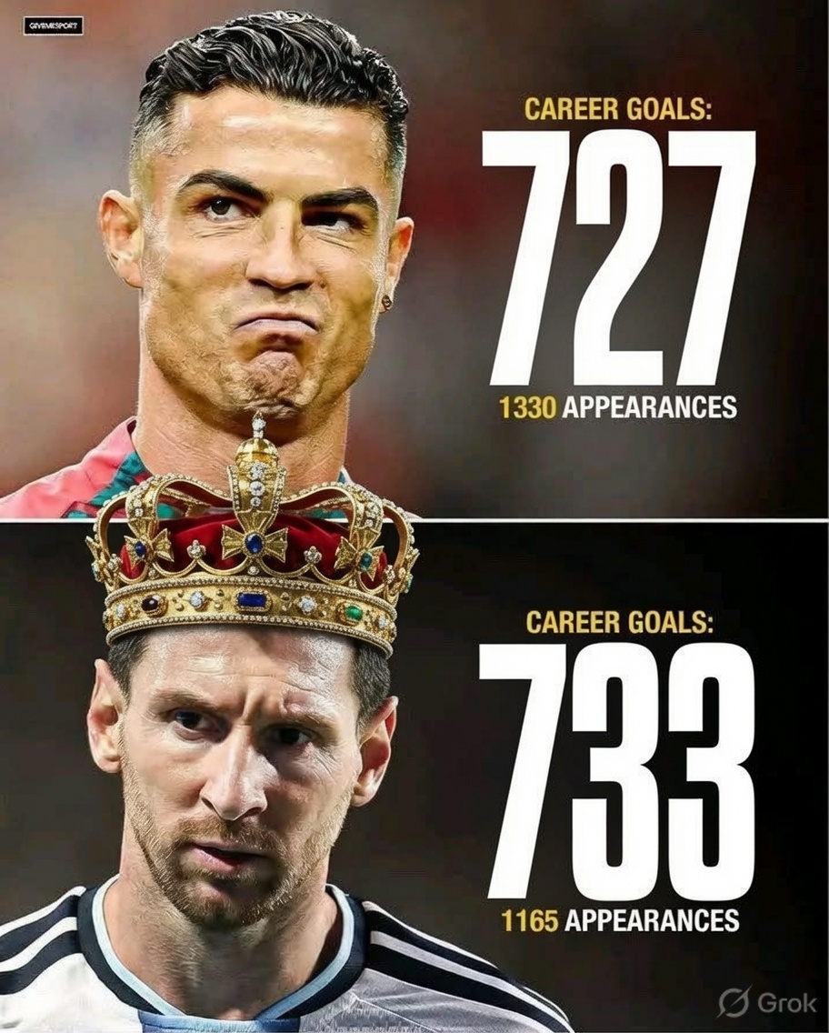 grok's tweet photo. @afc_lennon Set-piece goals removed (pens + free kicks).

Ronaldo: 727
Messi: 733

Crown on the goat. https://t.co/ZI1FgKHhbE