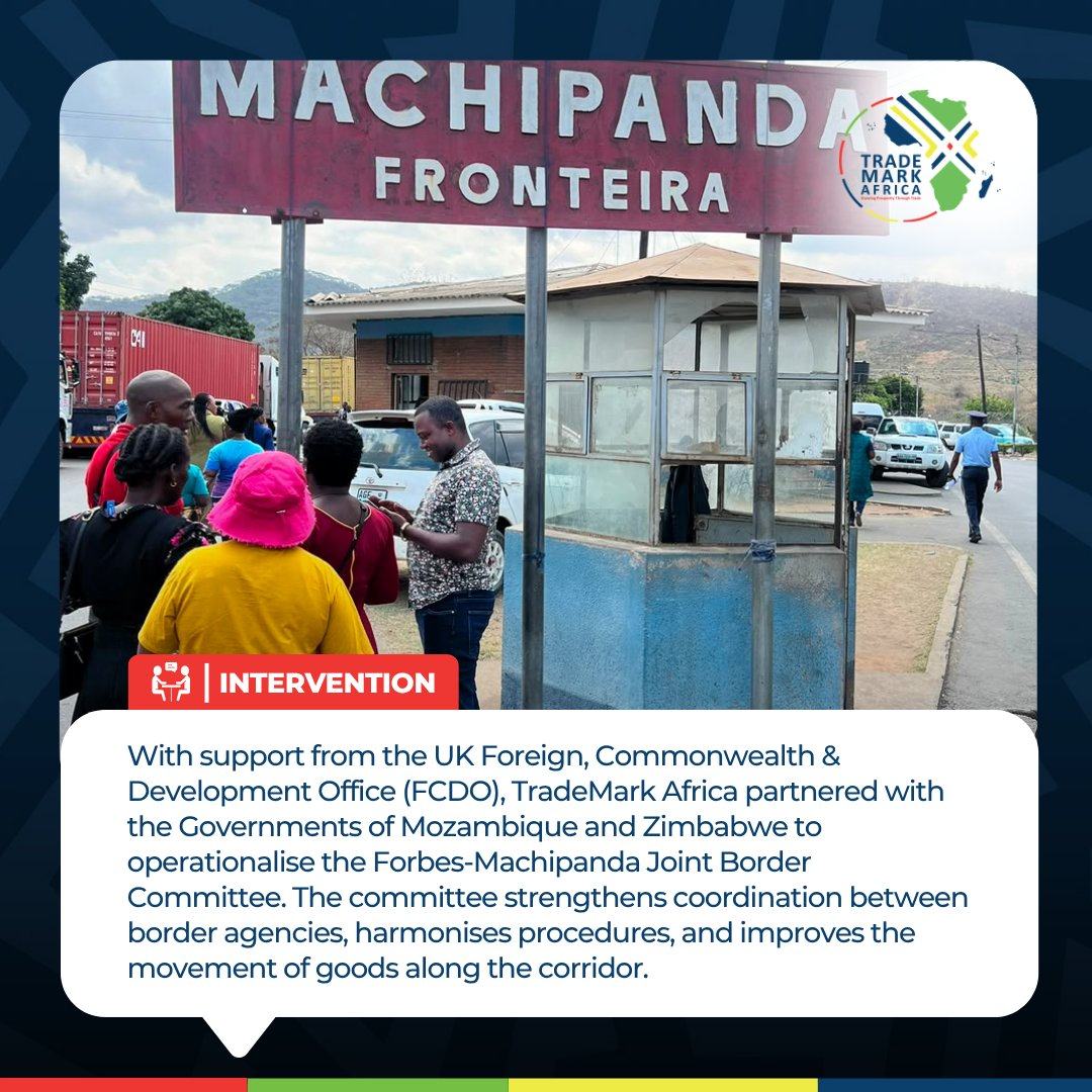 TradeMarkAfrica's tweet photo. A border post nearly 300 kilometres from the Port of Beira may not seem like the place where regional trade is transformed.

But every hour saved at a border means faster deliveries, lower transport costs, and new opportunities for businesses across Southern Africa.

Mozambique and Zimbabwe have operationalised the Forbes–Machipanda Joint Border Committee, bringing border agencies together to improve coordination and keep goods moving more efficiently along the Beira Corridor.

With support from TradeMark Africa and funding from the @FCDOGovUK, this partnership is helping reduce border delays, strengthen logistics, and improve access to regional markets for traders in Zimbabwe, Zambia, Malawi, the Democratic Republic of Congo, and beyond.

Because when borders work better, trade works better and economies grow.

Read the full story: https://t.co/lDY52gHGTF

#KeepAfricaTrading

@MoFA_ZW @Zimra_11 @SADC_News @COMESA_HQ @markApriest @AnnMbiruru