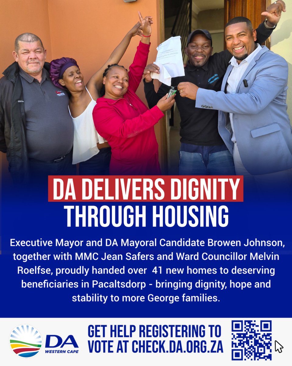 WesternCapeDA's tweet photo. 💙Today, 41 extra families have a place to call home.

🏡41 new homes. 41 new beginnings.

We're committed to delivering dignified housing and creating opportunities for more people across the Western Cape.

#VoteDA💙 https://t.co/D0l8pk7ssz