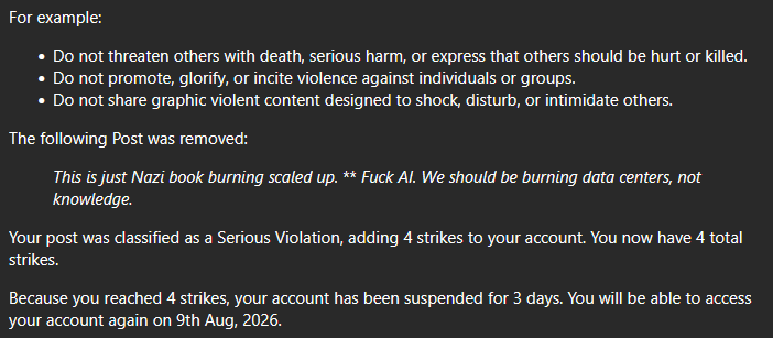 FoxonSilverfur's tweet photo. Got suspended on Bsky for saying we should burn data centers.

Last time I checked, data centers do more harm than good and are not people. I'm not advocating to harm any person.

Fuck Bluesky. https://t.co/UY0yAKnWb4