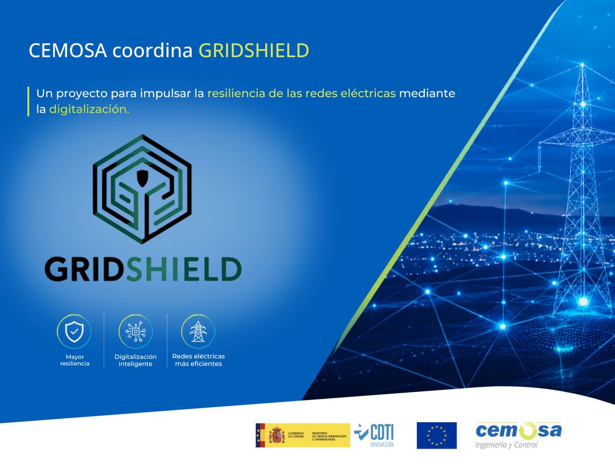 CemosaOficial's tweet photo. CEMOSA coordina #GRIDSHIELD, proyecto I+D para reforzar la resiliencia de redes eléctricas mediante la digitalización.
El proyecto desarrollará tecnologías digitales para mejorar la gestión de riesgos naturales y de origen humano en redes de transporte y distribución eléctrica. https://t.co/VMj6LzwaIc