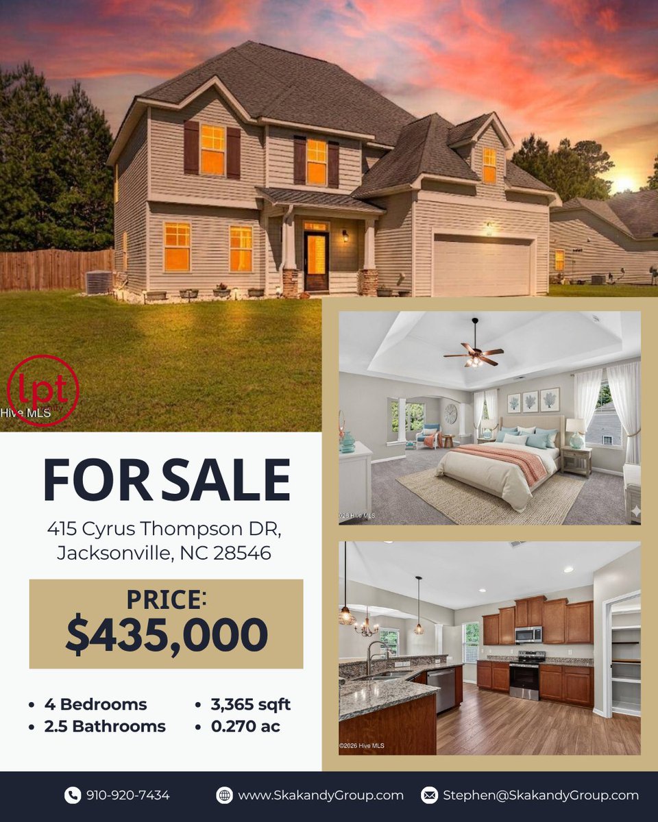 SkakandyGroup's tweet photo. 🏡 FOR SALE | Jacksonville, NC

415 Cyrus Thompson Dr — $435,000
4 Bed · 2.5 Bath · 3,365 Sq Ft

Stunning home. Serious space. Ready now.

📲 (910) 920-7434

#JacksonvilleNC #NCRealEstate #ForSale https://t.co/GZhNGULSGq