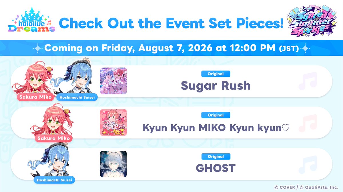 holo_dreams_en's tweet photo. /／
Get a sneak peek at the three songs being added
alongside the event on Friday, August 7 at 12:00 PM (JST)🎶
\＼

"Sugar Rush"
"Kyun Kyun MIKO Kyun kyun♡"
"GHOST"

Stay tuned for the event!🎶

#holodori https://t.co/g2Enfbn8m5