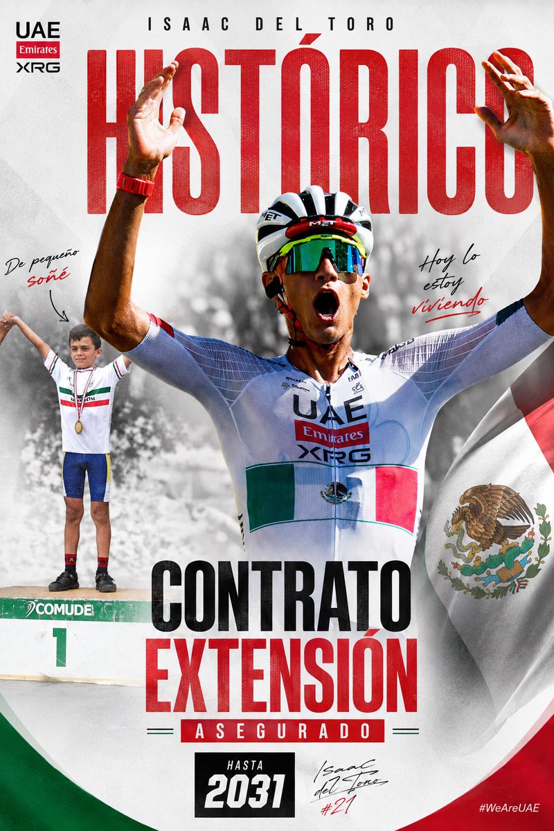 RodriSabato's tweet photo. El ciclista con el contrato más largo del 
UAE TEAM es MEXICANO 🇲🇽🤝🔥

Isaac del Toro firma hasta 2031 y eso da a entender el futuro del torito. 

Es una noticia tremenda luego de lo que se habló en estos días. https://t.co/POsLwEjj4c