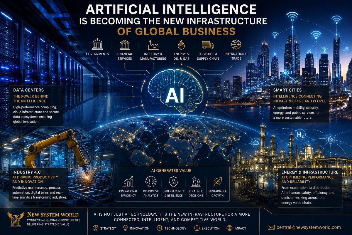 NewSystemWorld's tweet photo. Artificial Intelligence is becoming the new infrastructure of global business.

AI is transforming decision-making, cybersecurity, automation, and critical infrastructure across energy, finance, manufacturing, logistics, and government.

#ArtificialIntelligence #AI #Innovation https://t.co/6ANWbRXt2L