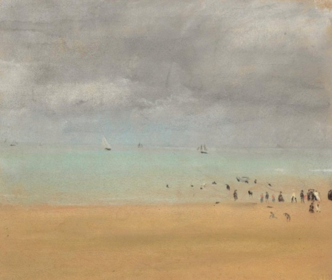 ahistoryinart's tweet photo. 'Beach at low tide.'  Landscapes by Degas are comparatively rare; for me they remain among his most compelling works. He created his first important group of landscapes in 1869, the year this work was made during a trip to the Normandy coast around Cabourg and Villers-sur-Mer. https://t.co/E4IollEKoA