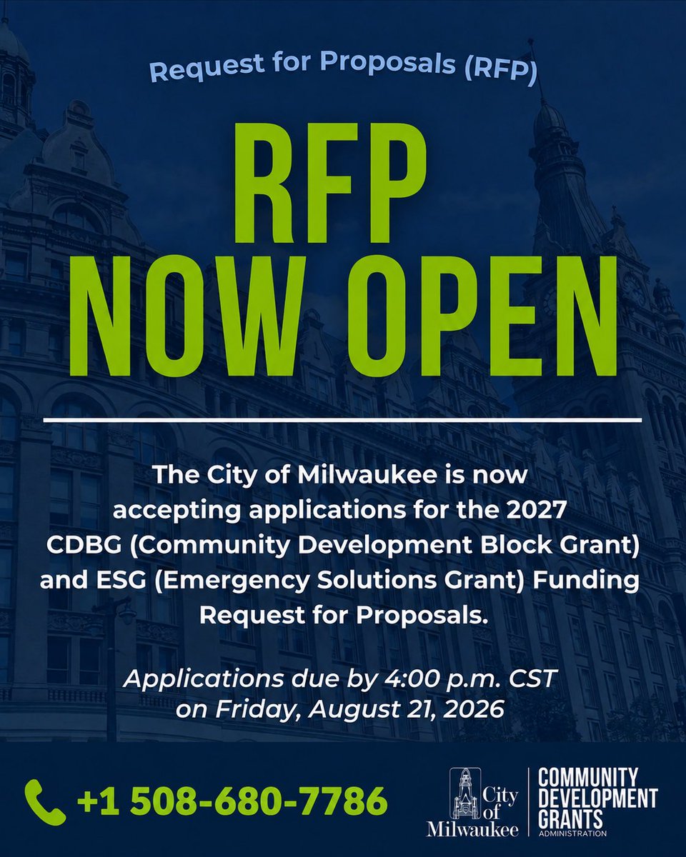 Gaupolotto's tweet photo. The City of Milwaukee Community Development
Grants Administration (CDGA) is excited to announce that the 2027 CDBG &amp; ESG Funding Request for Proposals is now open! All applications must be completed by 4PM, Friday, August 21.
#Milwaukee https://t.co/O45WsuAYhl