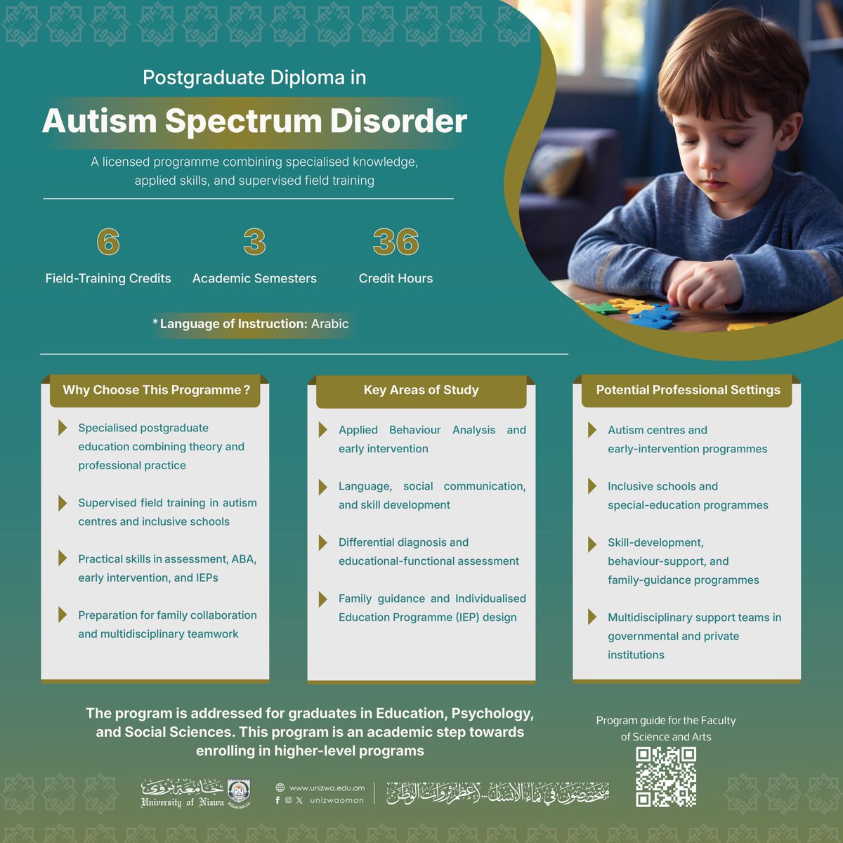 unizwaoman's tweet photo. تطرح #جامعة_نزوى برنامج دبلوم الدراسات العليا في اضطراب طيف التوحد، لإعداد كوادر متخصصة تمتلك المعارف والمهارات اللازمة لتقديم الدعم والتدخل الفعّال للأشخاص ذوي اضطراب طيف التوحد، على وفق أحدث الممارسات العلمية والتربوية.📚 https://t.co/wvDtjERLT2