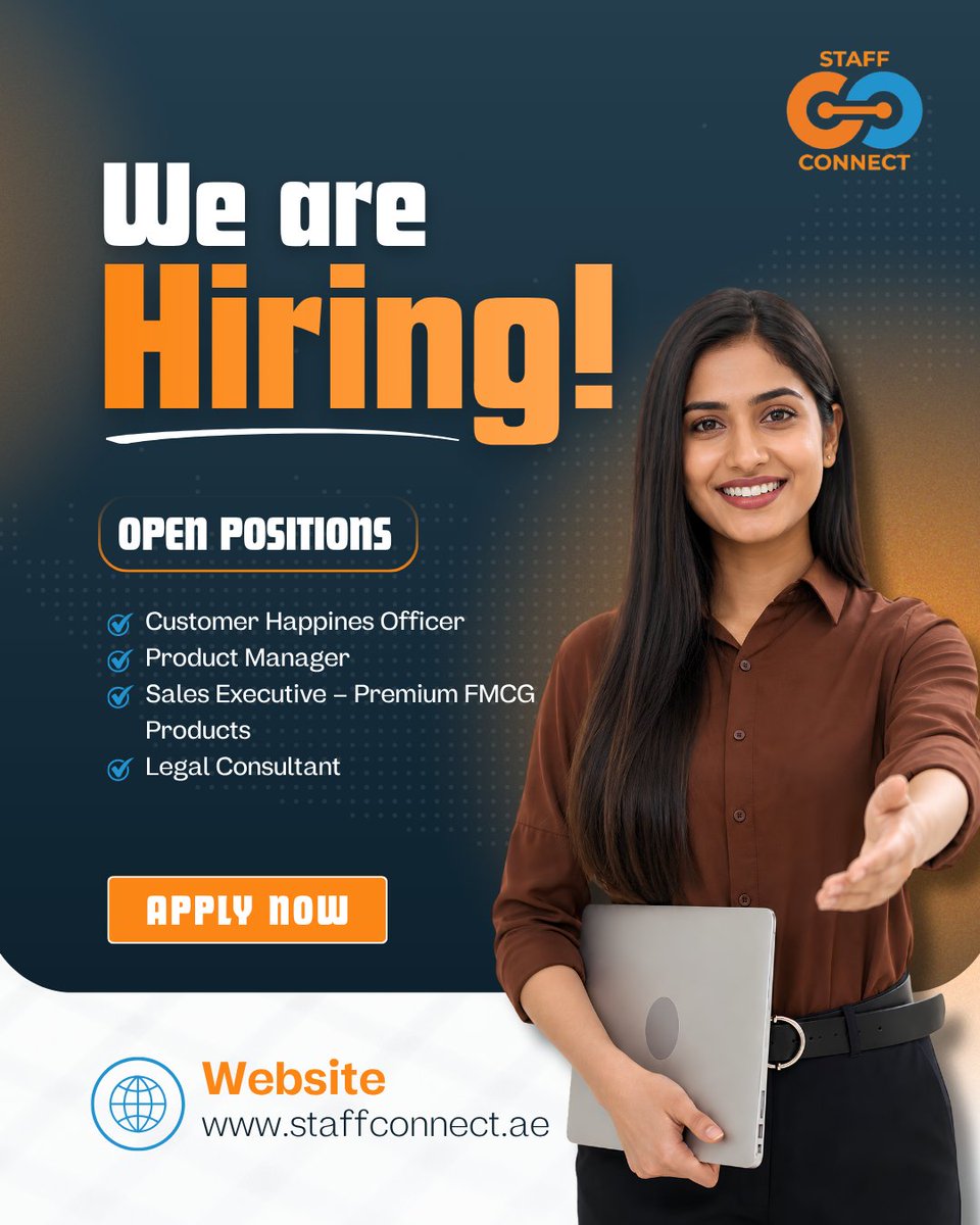 staffconnectuae's tweet photo. 🚀 We're Hiring! Join Our Growing Team!
🌐 https://t.co/XRL7zB0N0n
#staffconnect #wearehiring #nowhiring #jobopening #careeropportunity #hiringnow #jobsinuae #dubaijobs #customerhappinessofficer #productmanager #salesexecutive #legalconsultant #careergrowth #applynow https://t.co/U08I4JjAJL