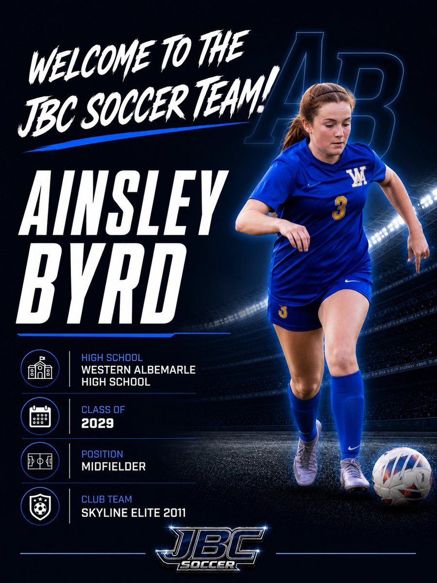 JBC_Soccer's tweet photo. ⚽️ Welcome to the JBC Soccer Team, Ainsley!

We’re excited to welcome Ainsley Byrd to the JBC Soccer family.

Ainsley is a Class of 2029 midfielder from Western Albemarle High School and competes for Skyline Elite 2011. She’s a hardworking player with a bright future, and we’re looking forward to helping her navigate the college recruiting process.

Welcome aboard, Ainsley—we’re excited to be part of your journey!

#JBCSoccer #UnlockTheYes #ClassOf2029 #GirlsSoccer #SkylineElite