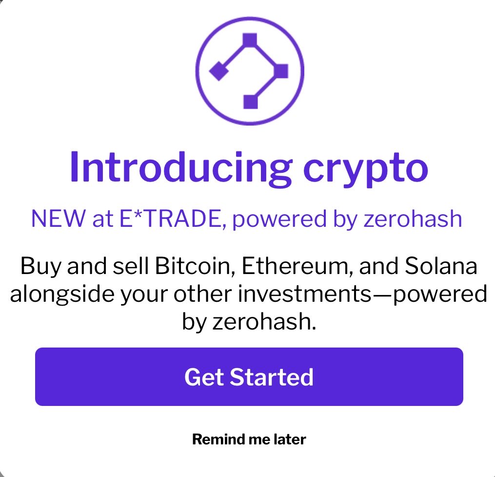 punk9059's tweet photo. I just got this alert on E*Trade for the first time that we can now trade crypto on the platform. https://t.co/p4V0ezVuyL