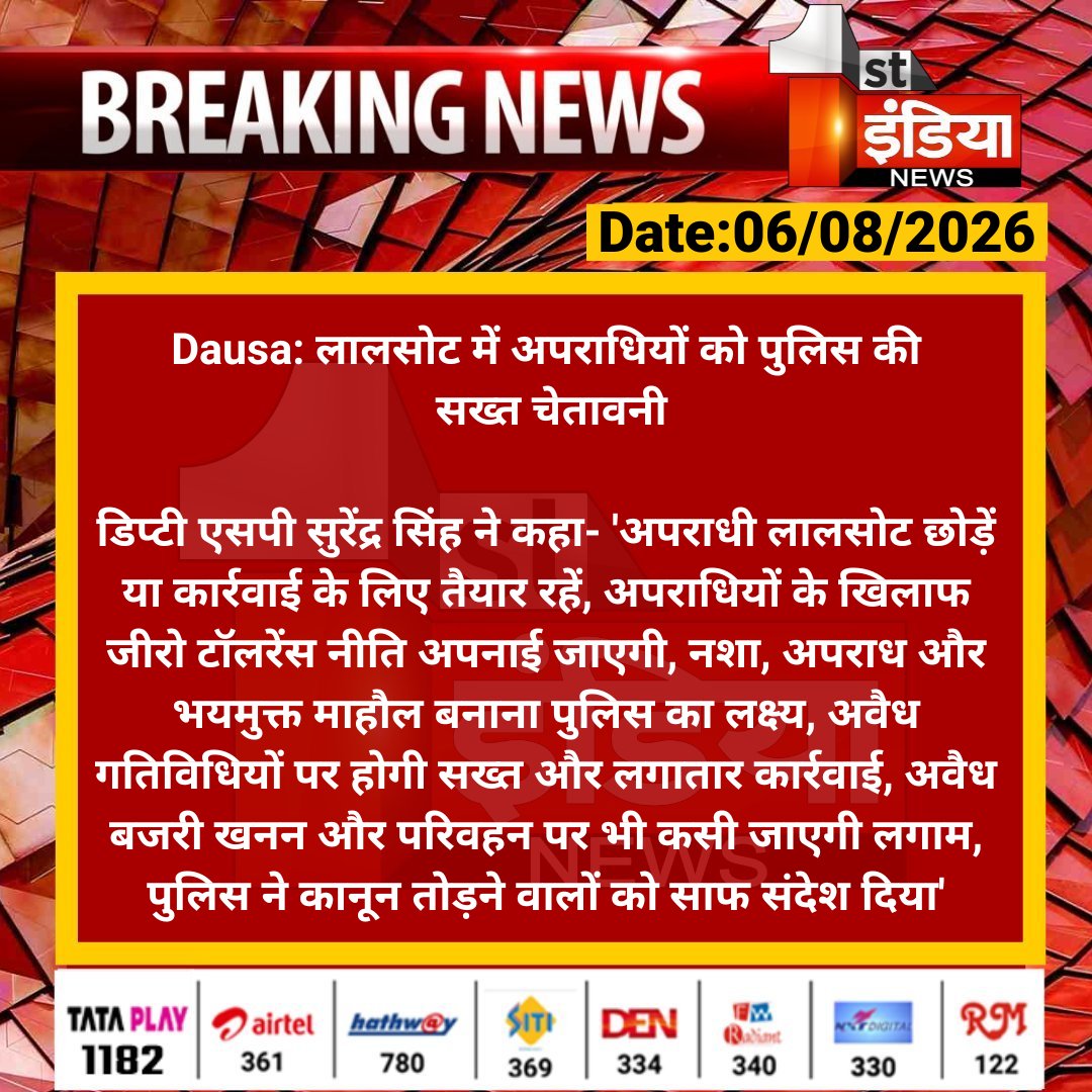 1stIndiaNews's tweet photo. #Dausa: लालसोट में अपराधियों को पुलिस की सख्त चेतावनी

डिप्टी एसपी सुरेंद्र सिंह ने कहा-  'अपराधी लालसोट छोड़ें या कार्रवाई के लिए तैयार रहें, अपराधियों के खिलाफ जीरो.... 

#RajasthanWithFirstIndia @DausaPolice https://t.co/0zfOL0SZqO