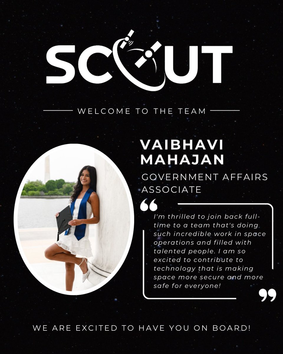 SCOUTdotspace's tweet photo. Please join us in welcoming Vaibhavi Mahajan to Scout as our new Government Affairs Associate! 

Vaibhavi is no stranger to Scout. She first joined us as an intern in 2024, where she quickly made her mark and showed us exactly why she'd be a great fit for the team long-term. https://t.co/lGkUSoJZUl
