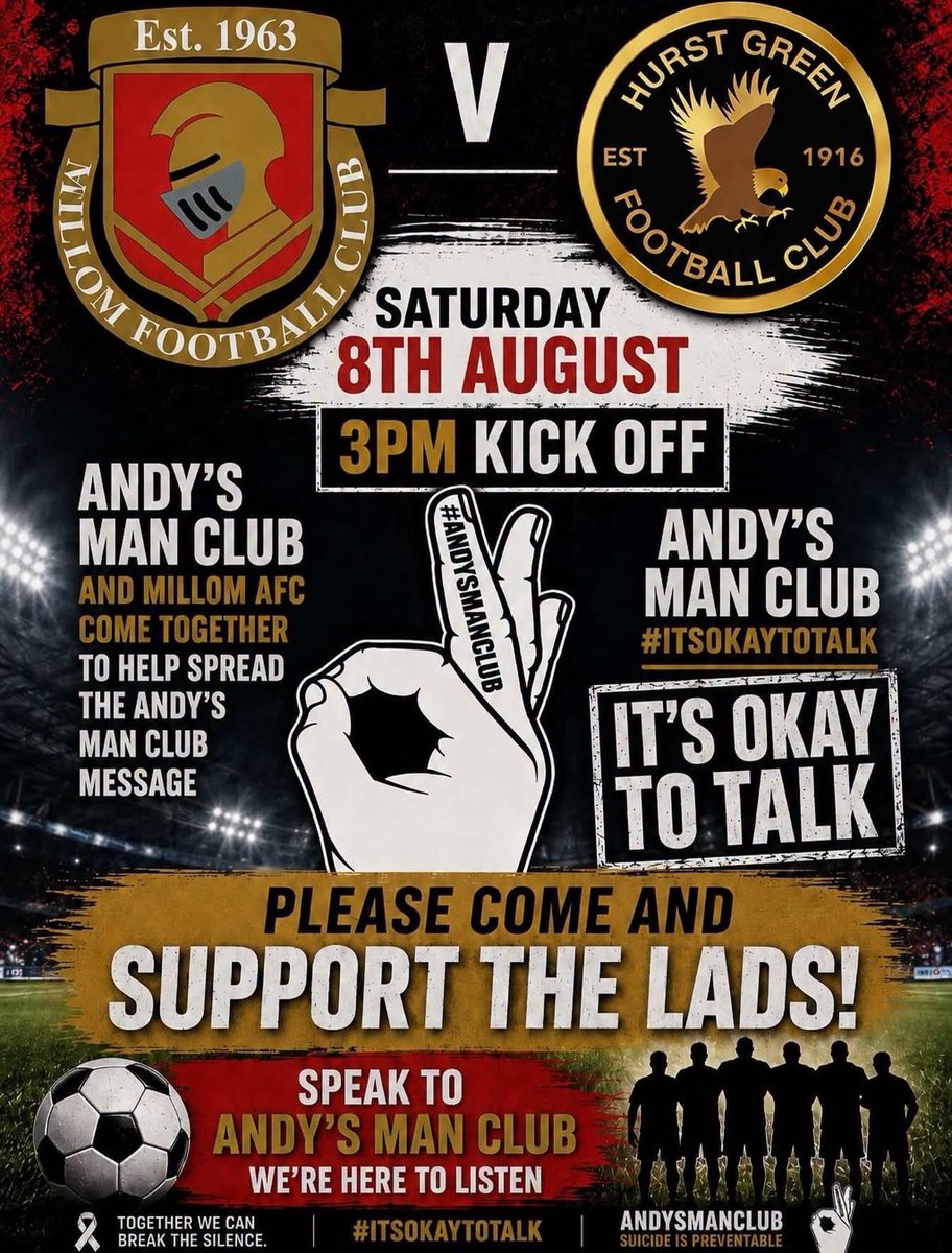 MillomAFC's tweet photo. Millom AFC are delighted to have Andys Man Club supporting our 1st XI this coming Saturday 8th August at Hanna Field

The Club have partnered with Andys Man Club to help spread the message #ITSOKAYTOTALK

Come down &amp; Support the Team &amp; Enjoy Local Grass Roots Football https://t.co/pteH2ys2HU