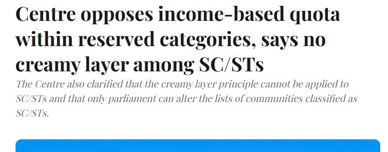 foryouvjg's tweet photo. Centre in Court: No creamy layer quota for SC/ST 🇮🇳⚖️
Govt opposed the idea, citing 9-judge bench verdict that applied creamy layer only to OBCs.
No change in SC/ST reservation policy.
#SCST #Reservation #SocialJustice #SupremeCourt #India https://t.co/tmA11dnQxz