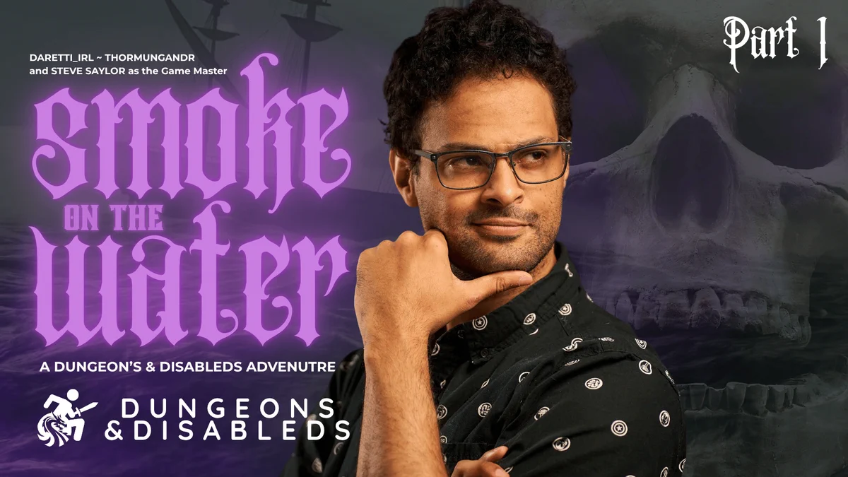 YouTube thumbnail of a sailing ship in distress on stormy seas. A semi-transparent large skull is on the right hand side of the image and Thormungandr's photo of them holding their chin in their hand is in the center. Text on the left says "Daretti_IRL, Thormungandr and Steve Saylor as the Game Master. Smoke On The Water. A Dungeons & Disableds Adventure."