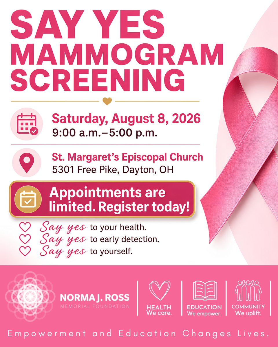 PinkRibbonDrive's tweet photo. π Only Two Days Until the Say Yes Mammogram Screening! Join us Saturday, August 8. Call 937-281-4829 to book. π #TwoDaysToGo #SayYesToYourHealth #SayYesMammogram #BreastHealthAwareness #EarlyDetection #PinkRibbonDriven #NormaJRossMemorialFoundation https://t.co/ncdUrVbkoi
