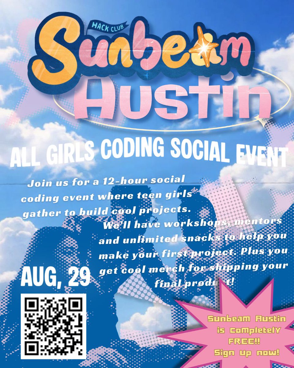 atxwiw3's tweet photo. Know a teen girl in Austin who’s curious about coding?

Sunbeam Austin · Aug 29 · free · ages 13–18 · zero experience required

Sign up / details: https://t.co/ssyN4xDvCM

Follow on IG @sunbeamaustin

Parents guide: https://t.co/xst0pY8vcT

#Sunbeam #HackClub #Austin #GirlsInSTEM https://t.co/YSK6hhpEYV