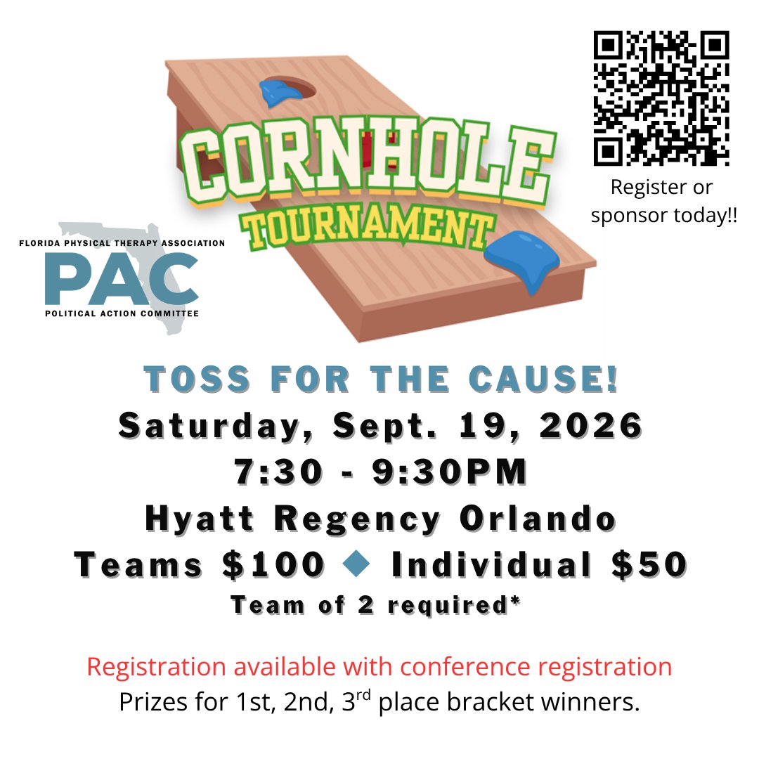 FPTASSOC's tweet photo. ๐Calling all Corn Hole fanatics!๐
Attending the Conference and be a part of the Cornhole tournament for FPT-PAC.
Use the QR code to register now!
We also need sponsors!
#FPTA2026 #Cornholegames #physicaltherapy https://t.co/YkPqkPhx4W