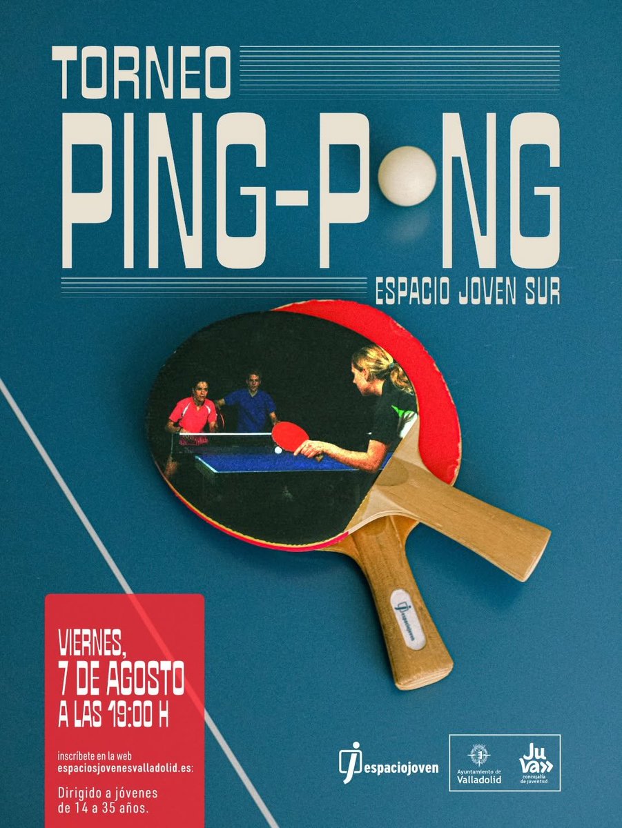 AuvasaVLL's tweet photo. 📢 Torneo de Ping Pong

📌 Espacio Joven Sur

⏰ 19:00 horas

🚍 Líneas con parada cercana: 1, 2, 5, 7, 10, 16, 18, 19, C1, C2 y H

👉 Más información en: https://t.co/LT1KhCZCa8 https://t.co/RYrSDbYYAf