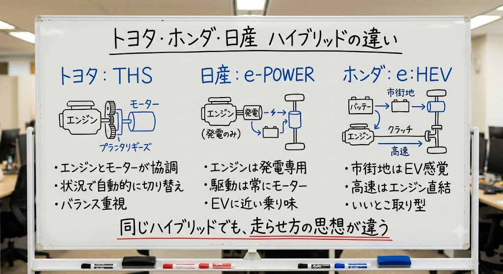 kanten_se's tweet photo. トヨタ、ホンダ、日産の
ハイブリッド、
実は思想が全然違う。

トヨタ「THS」
遊星歯車を使って
エンジンとモーターを協調させる方式。

発進はモーター、
巡航はエンジン主体、
加速は両方。

シーンに応じて
最も効率のいい配分に
自動で切り替える、
バランス型の設計。

日産「e-POWER」
エンジンは発電専用、
駆動は常にモーターが担当する
シリーズ方式。

走行感覚はEVに近くて、
市街地の静粛性や
アクセルの反応の良さが強み。

ただ高速走行では
エンジン直結方式に比べて
燃費が落ちやすい弱点がある。

ホンダ「e:HEV」
市街地はEV感覚、
高速はエンジンを直結させて
効率を稼ぐハイブリッド方式。

いいとこ取りに見える一方で、
直結機構が必要な分
密閉構造にできず、
振動や騒音は割り切ってる。

同じハイブリッドという言葉でも、
3社が目指してる
「走らせ方」がまるで違う。

どれが優れてるかじゃなくて、
どんな走り方を大事にしたいかで
向いてる車が変わってくる気がする。