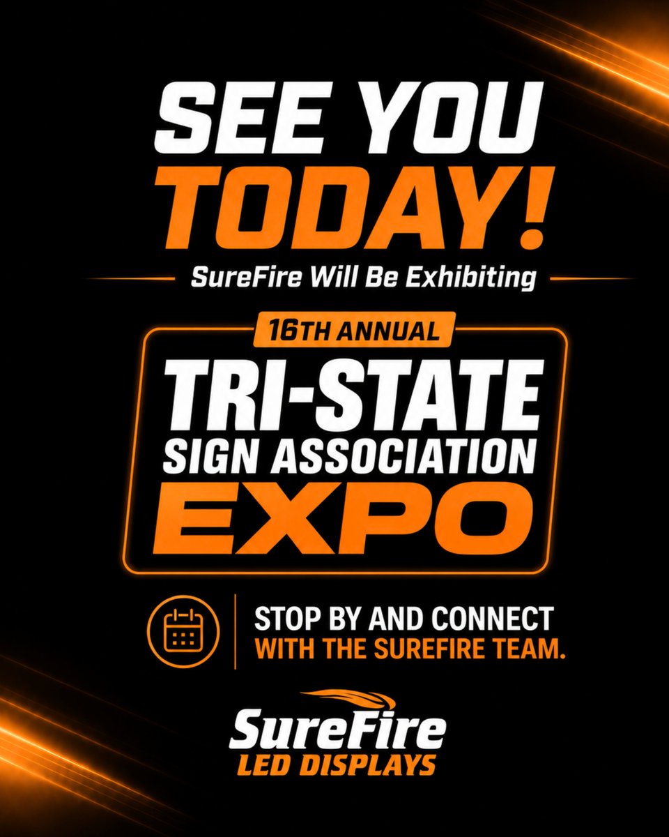 SureFireSignInc's tweet photo. 🔥See you today!
If you're attending the Tri-State Sign Association Expo, stop by and connect with the SureFire team. Whether you're working on your next digital project or exploring new opportunities, we'd love to meet you.
#SignIndustry #SignShop #DigitalSignage #LEDDisplays https://t.co/tF1AdL1Wyw