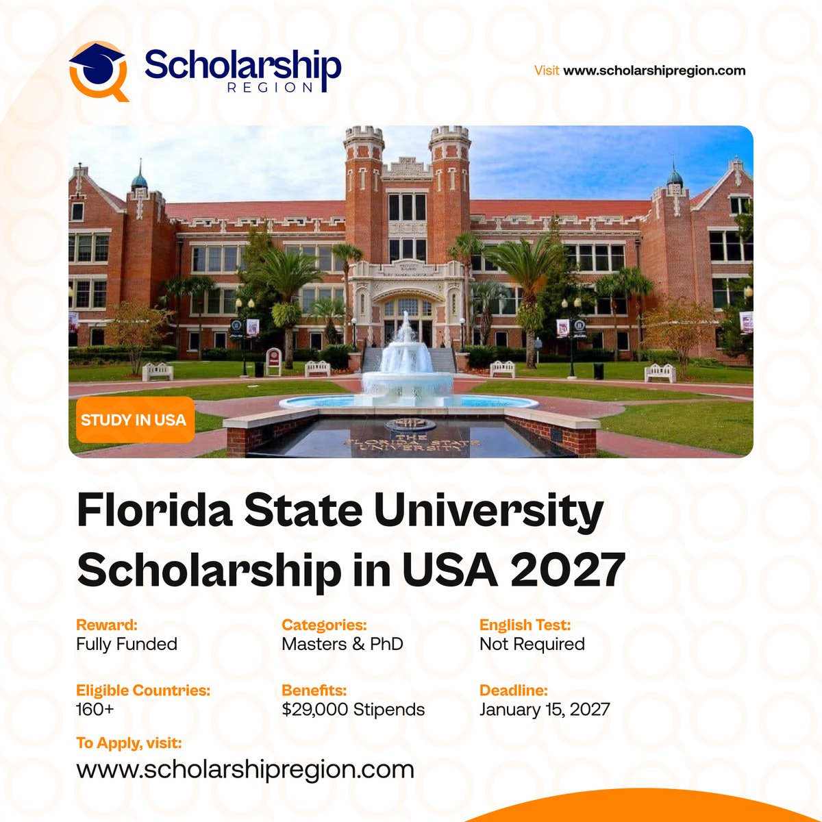 scholarsregion's tweet photo. Fresh Opportunity!

2027 Florida State University Scholarship in USA | Fully Funded

Host Country: United States 

Benefits:
⭐Full Scholarship and $29,000 Annual Stipends
✅Health Insurance

Categories: Masters and PhD Study
Eligible Country: All Countries
Deadline: January 15, 2027

Click the link below to apply📌
https://t.co/wxNpDHDjF3

Kindly share with your friends who might be interested.