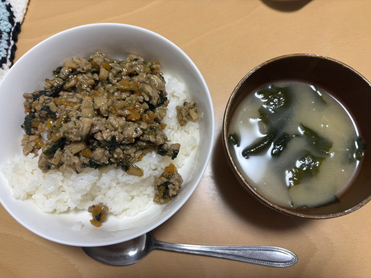 Satoka_808's tweet photo. 8月5日の夕食
ひき肉野菜丼と味噌汁 https://t.co/EzObdM8MoM