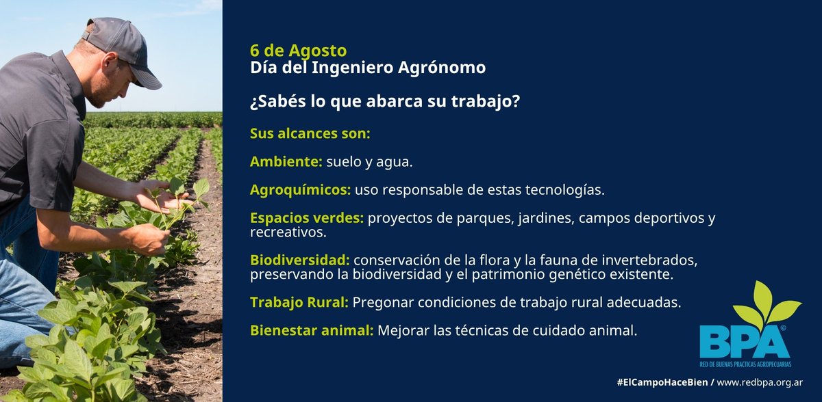 RedBPAs's tweet photo. 🗓️ 6 de agosto - Día del Ingeniero Agrónomo y del Veterinario.
#ElCampoHaceBien #buenaspracticas https://t.co/5N84fK0lHv