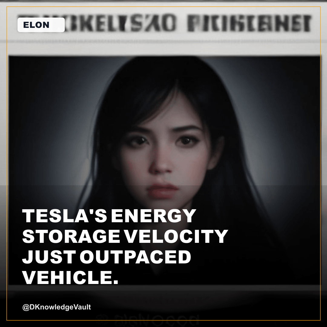 DKnowledgeVault's tweet photo. Tesla's energy storage velocity just outpaced vehicle production—again. Elon's reframing the entire business model: storage compounds faster than cars, grid contracts scale exponentially, and vehicle sales fund infrastructure deployment. Watch the next earnings call. Megawatt-ho…