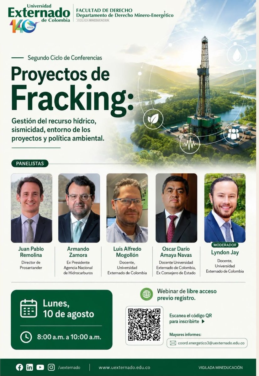f2001co's tweet photo. Lunes 10 de agosto, 8 am. Webinar de libre acceso organizado por el Departamento de Derecho Minero-Energético de la @UExternado. https://t.co/H5Yh8gbRMF