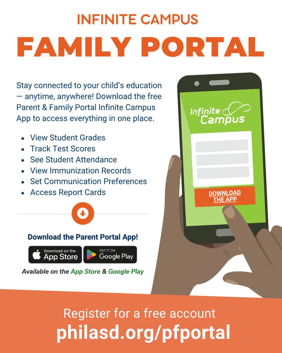 PHLschools's tweet photo. Stay connected to your child's education with the Infinite Campus Family Portal! 📚

Create a free account or download the app to access your child's information anytime, anywhere.

Sign up today: https://t.co/5Sw7tbsCGl

#PHLed #FamilyPortal https://t.co/F4dTBVc7pa