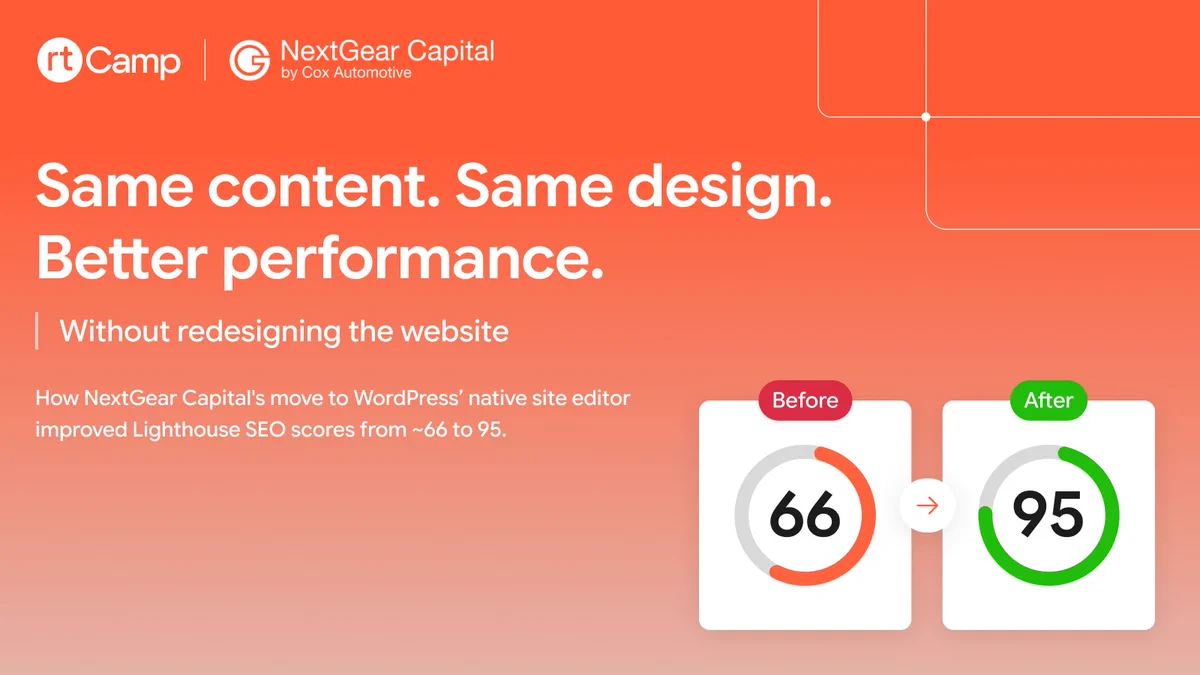 How NextGear Capital's move to WordPress’ native site editor improved Lighthouse SEO scores from ~66 to 95.
