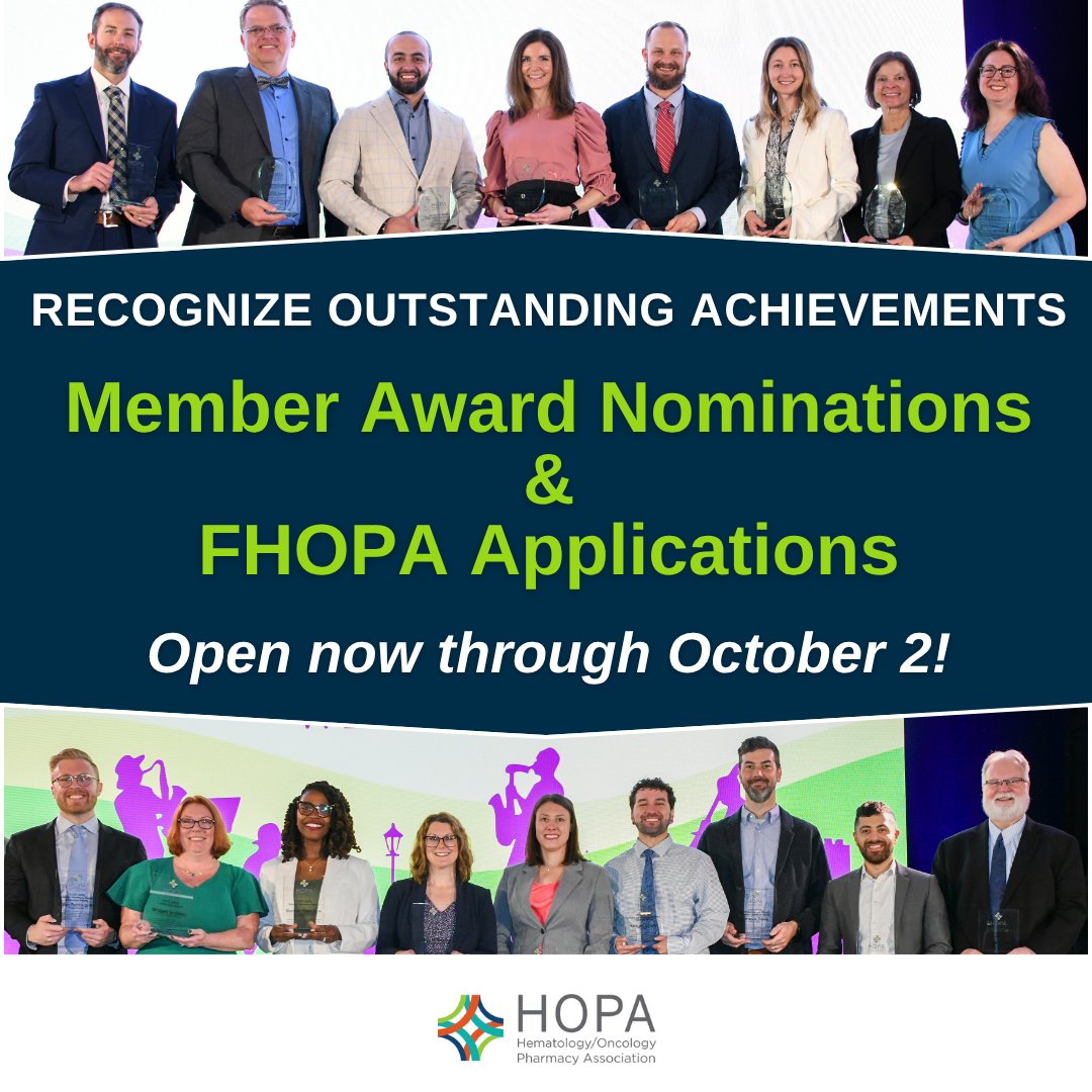 HOPArx's tweet photo. The time is now to recognize outstanding achievements in hem/onc pharmacy! Nominations, self-nominations, and applications for HOPA Member Awards and FHOPA Designation are now open through October 2.
Apply now: https://t.co/Hl513sd9Za
Find out more: https://t.co/briWlBS8Ch https://t.co/fOdCdMBd5B