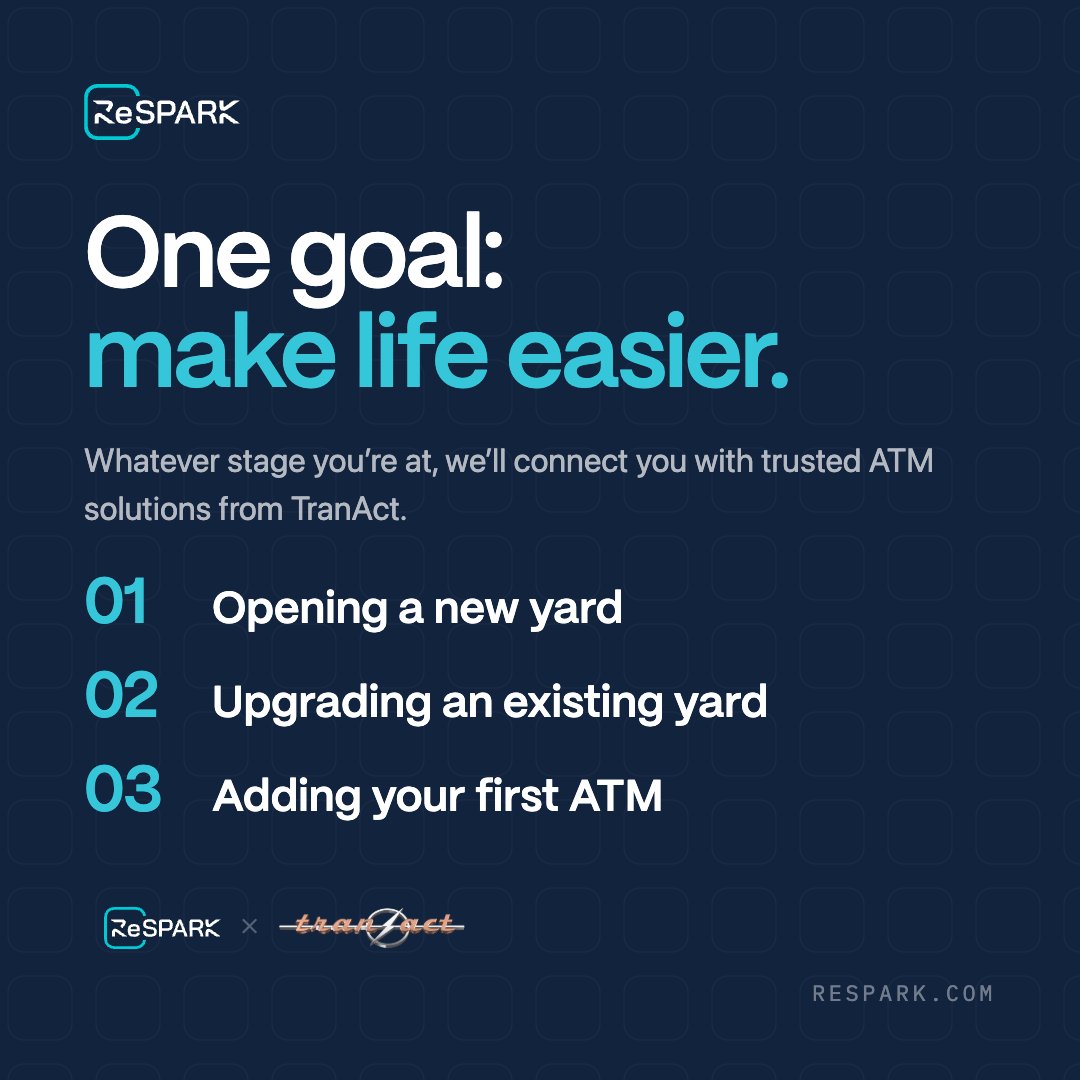 respark_sw's tweet photo. Great partnerships solve real challenges.

ReSpark is excited to partner with TranAct to help recyclers access trusted ATM solutions while we continue powering yard ops from the scale house to accounting + beyond.

Learn more: https://t.co/FgfbQ8Kqhk
https://t.co/fnXBK39QUV https://t.co/YKOlyWrHkw
