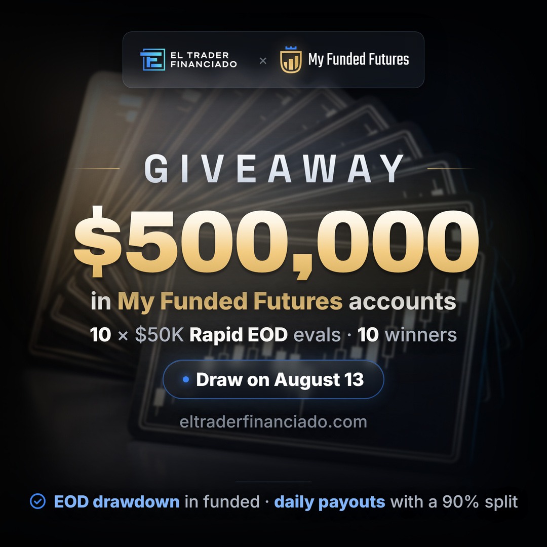 ElTraderFinan's tweet photo. 🎁 SORTEO

10 evaluaciones Rapid EOD de $50K en @MyFundedFutures

✅ Sin cuota de activación
✅ Sin límite de tiempo
✅ Drawdown a cierre de día

1️⃣ Sigue a @ElTraderFinan
2️⃣ 🔃 y ❤️
3️⃣ Menciona a un amigo
4️⃣ Regístrate en https://t.co/dPfY2EZGU8

Cierra el 13/08/2026 https://t.co/MYIipezvDH