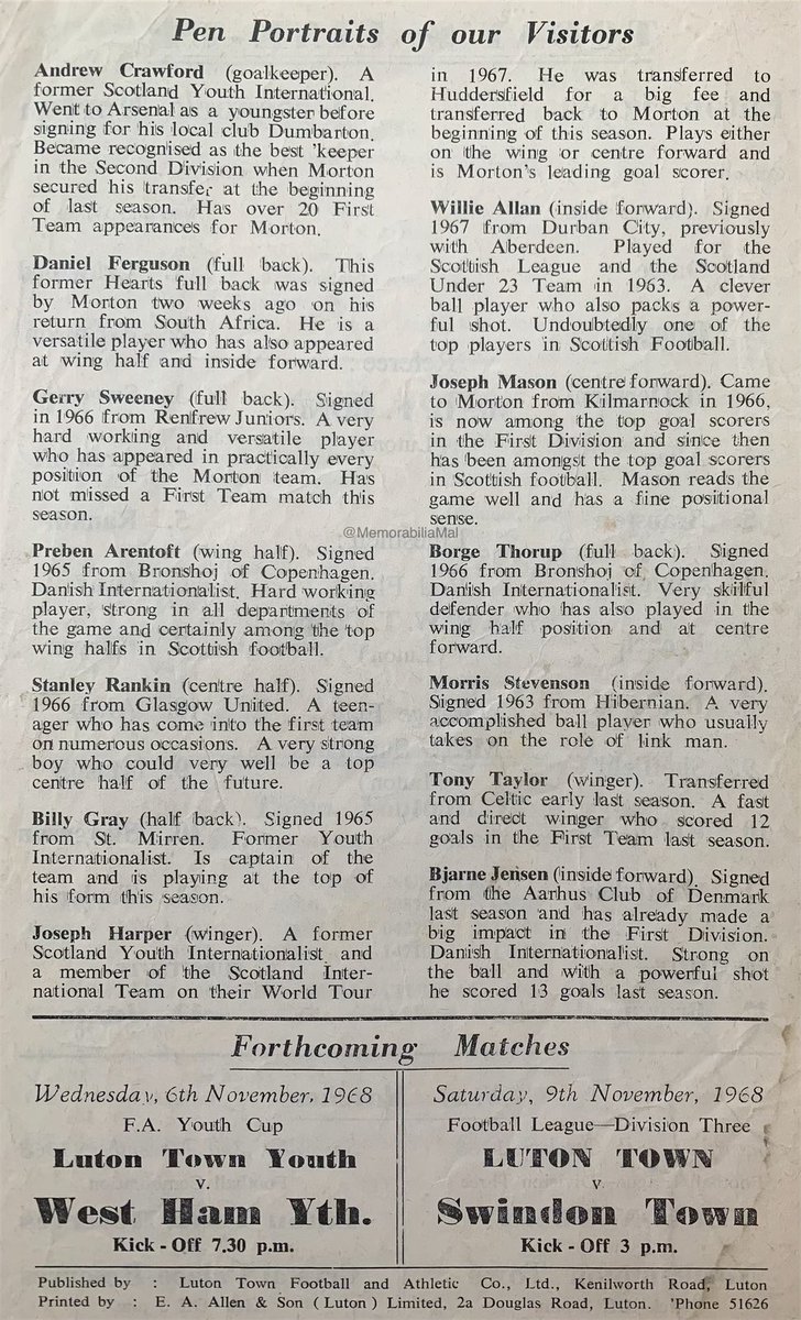 MemorabiliaMal's tweet photo. Luton Town vs Greenock Morton
Friendly 23/10/68
#LTFC #GMFC #MortonFC https://t.co/tdLGfPUPlr