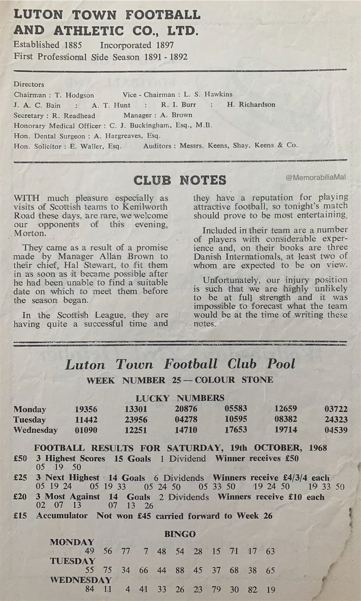 MemorabiliaMal's tweet photo. Luton Town vs Greenock Morton
Friendly 23/10/68
#LTFC #GMFC #MortonFC https://t.co/tdLGfPUPlr