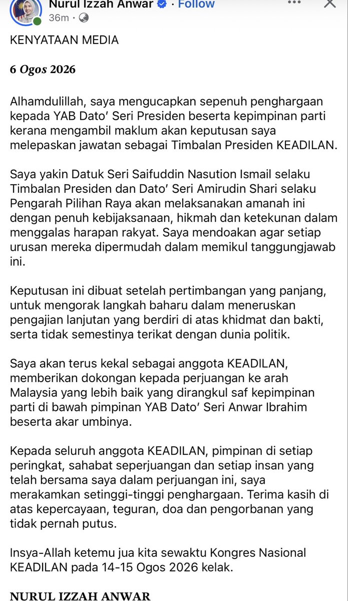 redzuanNewsMPB's tweet photo. Nurul Izzah Anwar umum keputusan lepas jawatan Timbalan Presiden Keadilan https://t.co/nZl4VWpx8z